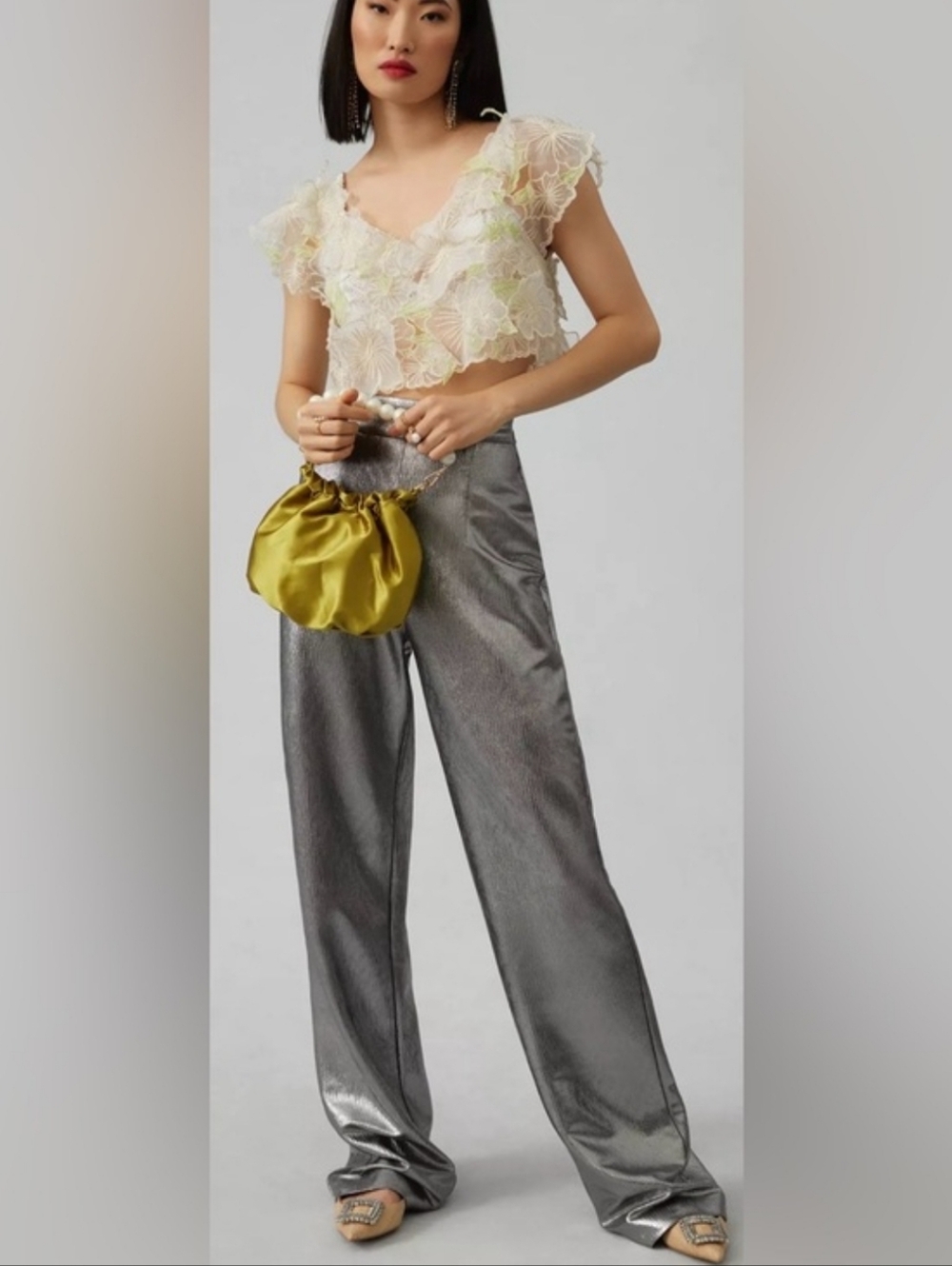 ANTHROPOLOGIE Cropped 3D Floral Appliqué Sheer Blouse Cream Green Medium NWT - Picture 5 of 7